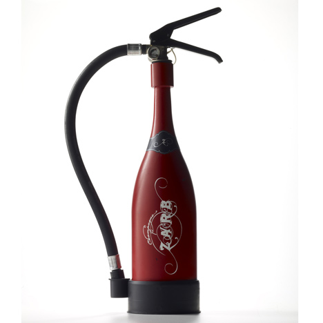 Champagne bottle design looking like a fire extinguisher.