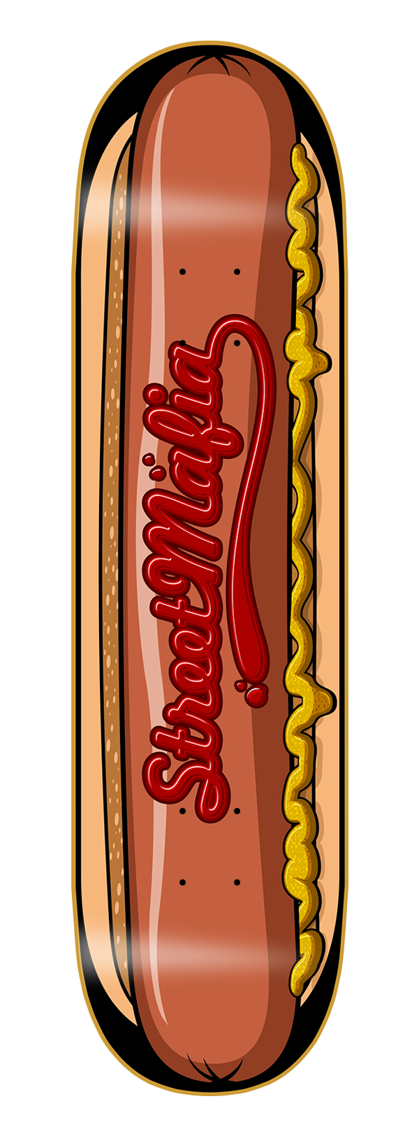Food skateboard, street mafia skateboard with a hotdog