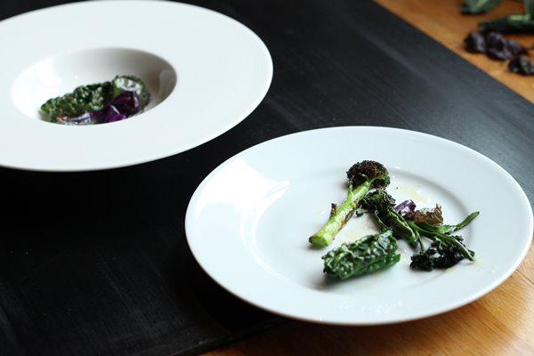 Kale and Broccoli with goat cheese snow, leek ash & liquorice