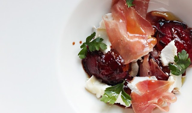 Red Plums Glazed with Balsamic Vinegar, Parma Ham and Goat Cheese