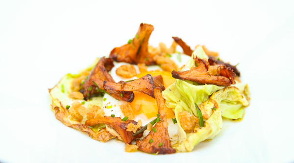 Fried Cabbage, Egg, Chanterelles, Herbs and Croutons