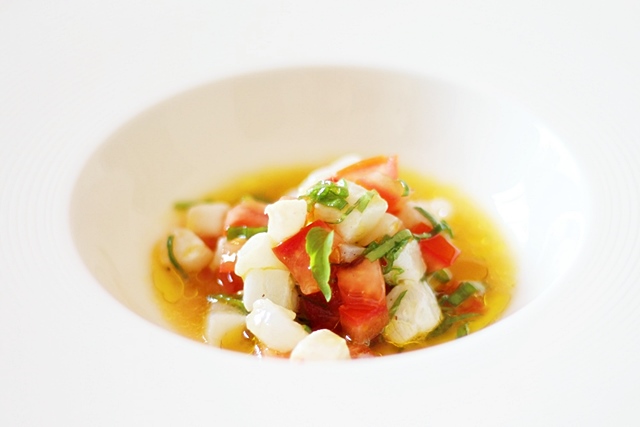 Tomato Ceviché with Cod and Holy Basil