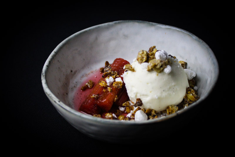 Poached Rhubarb, White Chocolate Granola Crumble & Vanilla Ice Cream