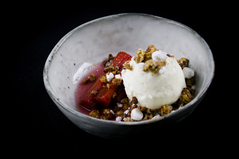 Poached Rhubarb, White Chocolate Granola Crumble & Vanilla Ice Cream