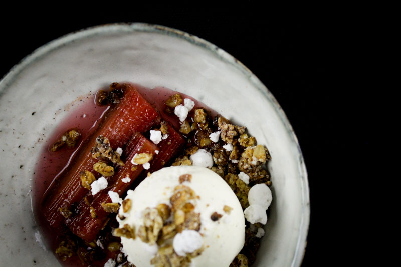 Poached Rhubarb, White Chocolate Granola Crumble & Vanilla Ice Cream