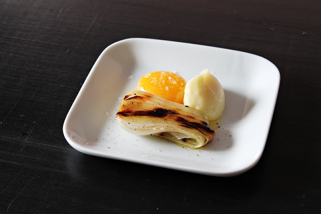 Egg Yolk Confit with Parsnip Cream and Grilled Onion