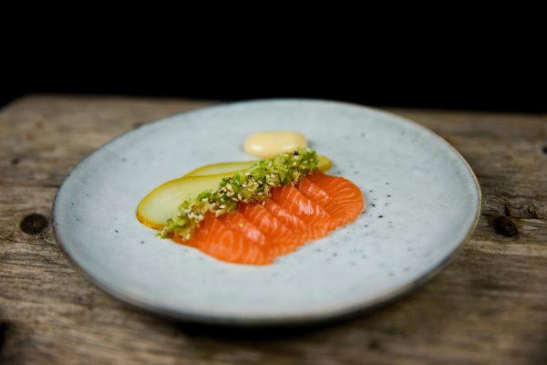 Salmon Crudo with Pickled Pear, Soy Mayonnaise and Cucumber