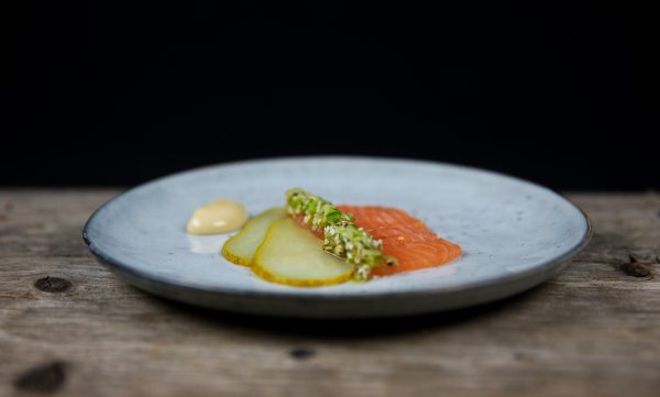 Salmon Crudo with Pickled Pear, Soy Mayonnaise and Cucumber