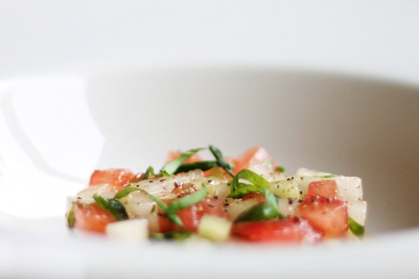 Vegan Melon Tartar with Tomatoes, Mint and Black Pepper