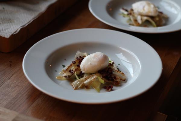 Poached egg with Endives, Bacon, Butter and Thyme