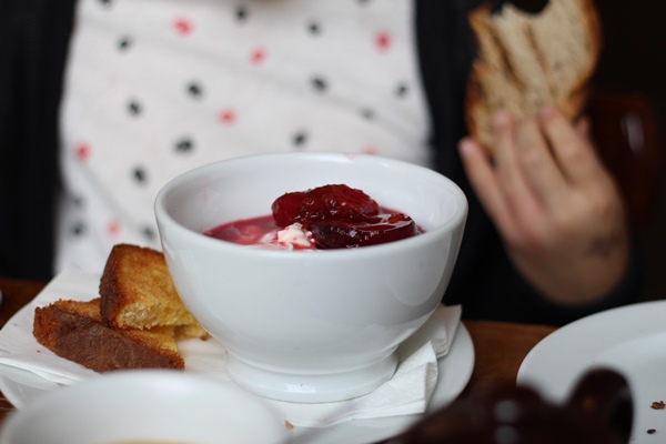 Breakfast at St John Bread & Wine at Spitalfields Market London Poached plums with yoghurt