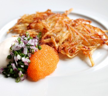 Swedish Hash Browns with bleak roe, sour cream and onions