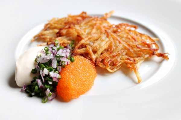 Swedish Hash Browns with bleak roe, sour cream and onions