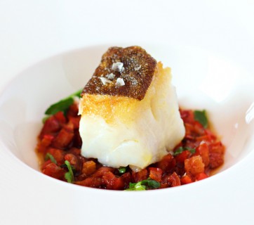Seared cod with Italian Salsiccia and Tomatoes