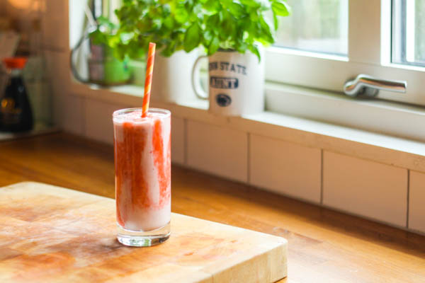 Rhubarb Milkshake with Strawberries and Cream Cheese