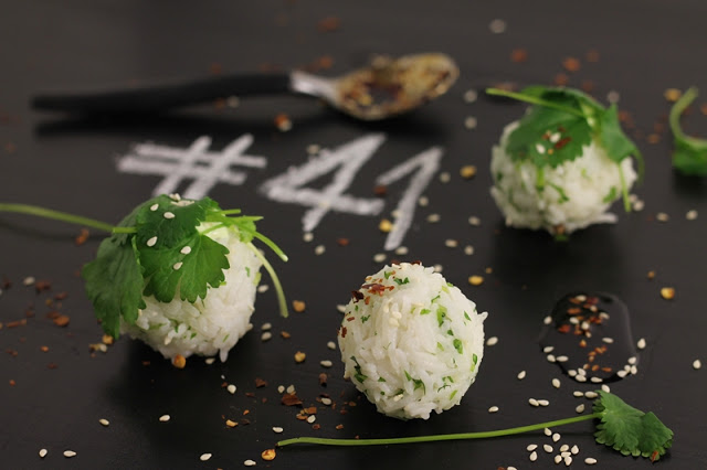 Cilantro Rice Balls with Sesame Seeds and Asian Dip