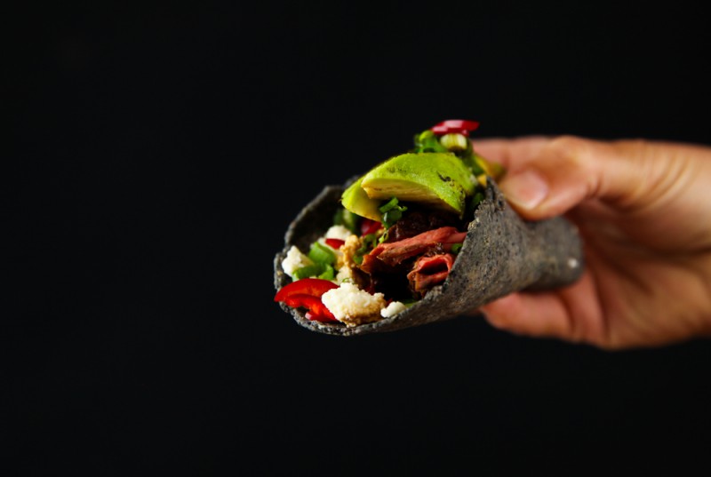 Charred Avocado Taco with Beef & Feta Cheese