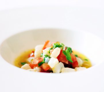 Tomato Ceviché with Cod and Holy Basil