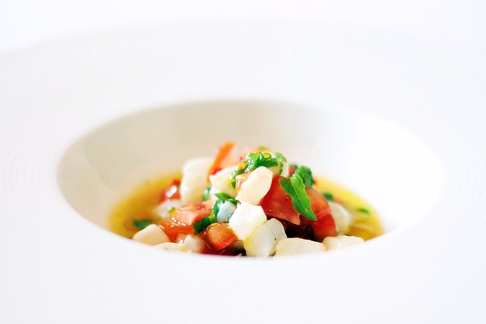 Tomato Ceviché with Cod and Holy Basil