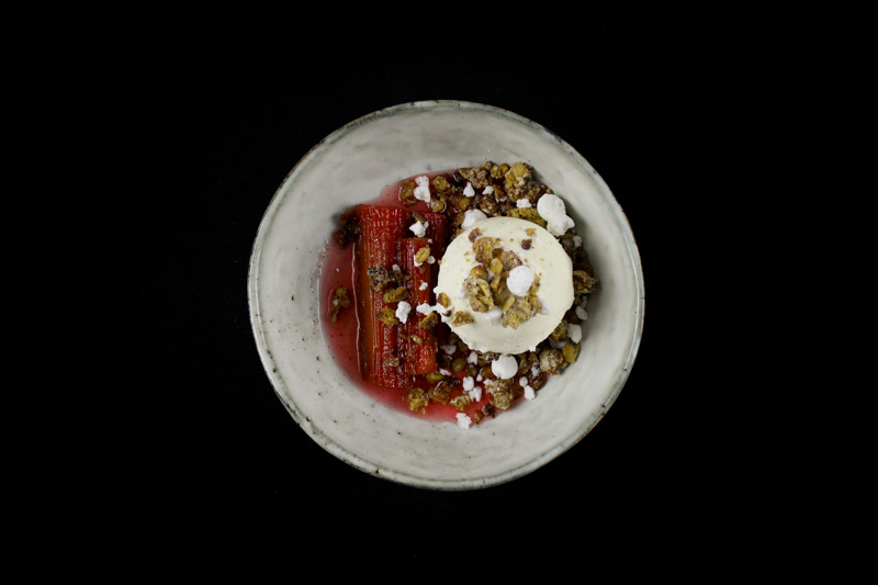 Poached Rhubarb, White Chocolate Granola Crumble & Vanilla Ice Cream