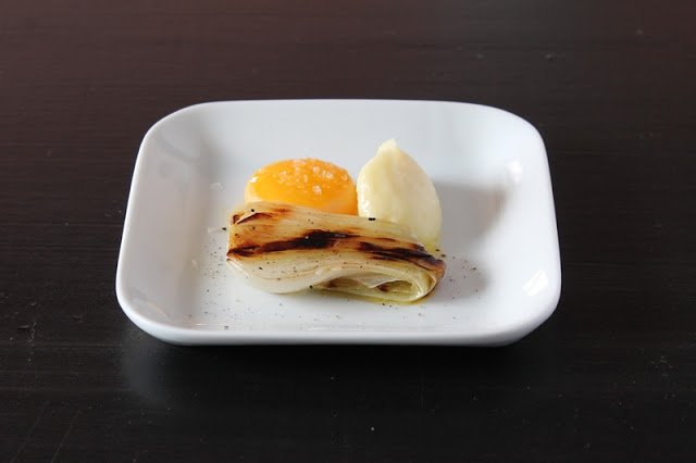 Egg Yolk Confit with Parsnip Cream and Grilled Onion