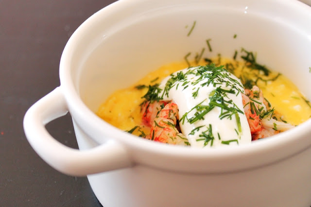 Scrambled Eggs with Crayfish, Dill and Sour Cream