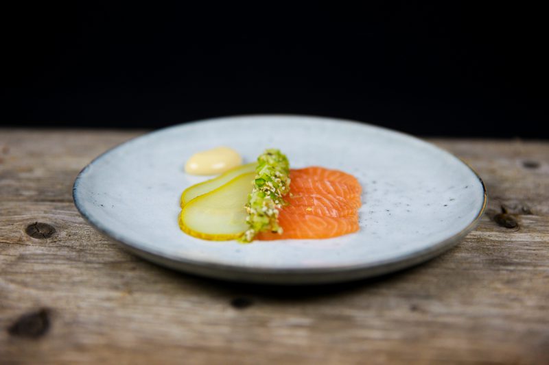 Salmon Crudo with Pickled Pear, Soy Mayonnaise and Cucumber