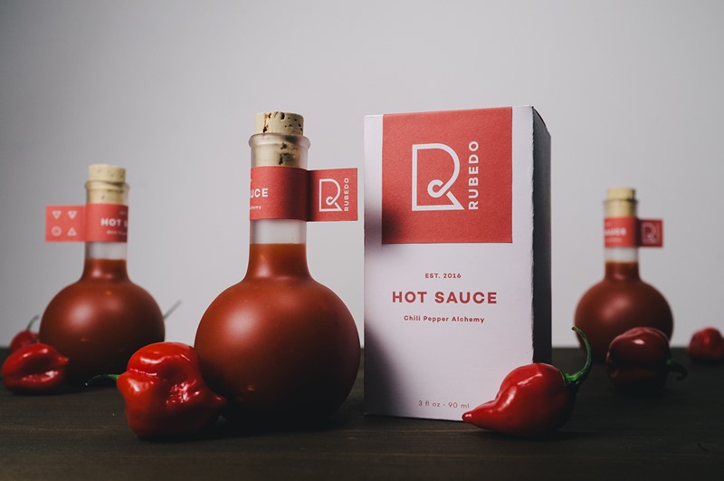 This Bottled Hot Sauce Packaging for Rubedo Hot Sauce Looks Amazing