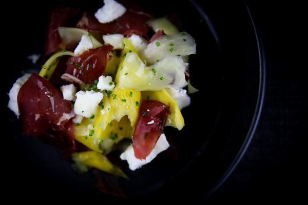 Goat Cheese, Bresaola and Yellow Beet and Carrot Quick Pickles