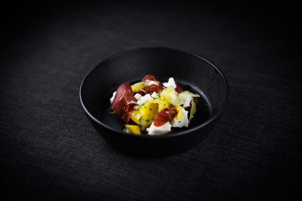 Goat Cheese, Bresaola and Yellow Beet and Carrot Quick Pickles