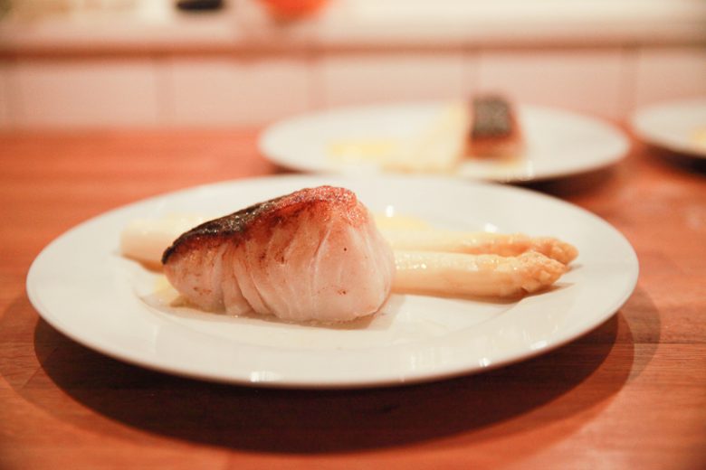 White Asparagus Seared Cod and Hollandaise Sauce