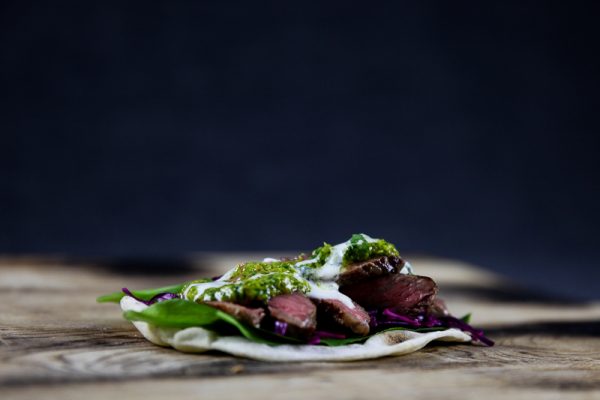 Chimichurri Taco with Beef, Red Cabbage Coleslaw and White BBQ Sauce