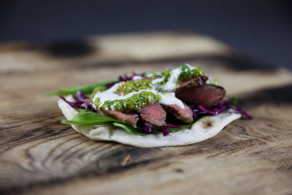 Chimichurri Taco with Beef, Red Cabbage Coleslaw and White BBQ Sauce