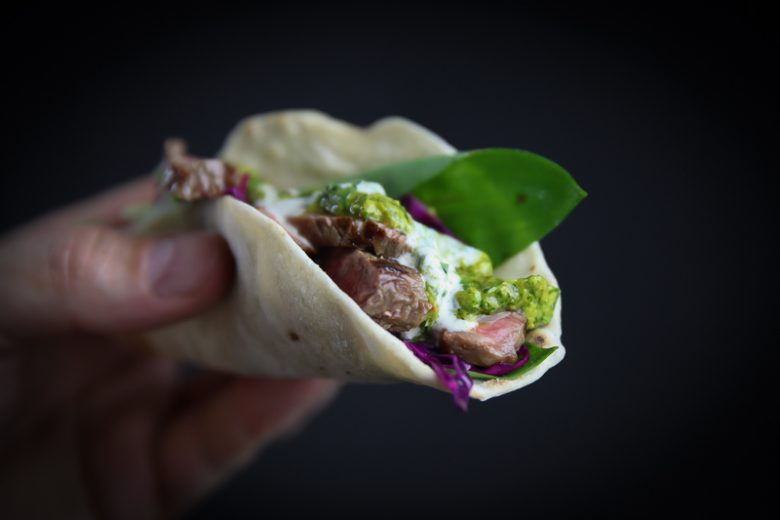 Chimichurri Taco with Beef, Red Cabbage Coleslaw and White BBQ Sauce