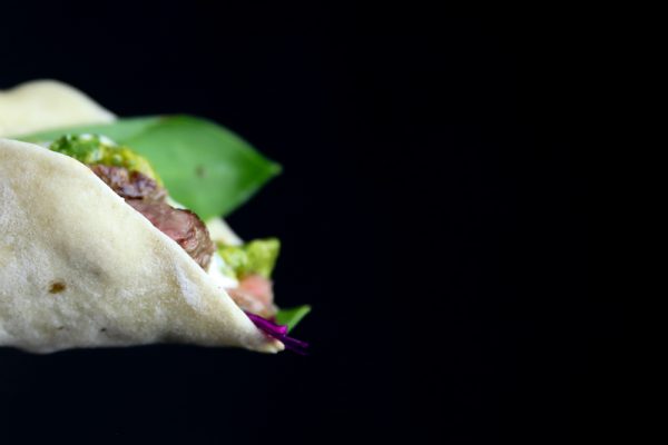 Chimichurri Taco with Beef, Red Cabbage Coleslaw and White BBQ Sauce