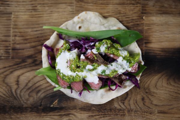Chimichurri Taco with Beef, Red Cabbage Coleslaw and White BBQ Sauce
