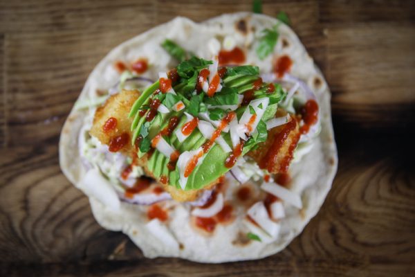 Fish Taco with Yogurt Coleslaw, Avocado and Sriracha