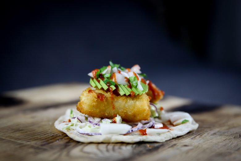 Fish Taco with Yogurt Coleslaw, Avocado and Sriracha