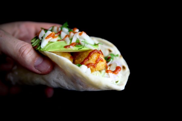 Fish Taco with Yogurt Coleslaw, Avocado and Sriracha