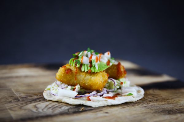 Fish Taco with Yogurt Coleslaw, Avocado and Sriracha