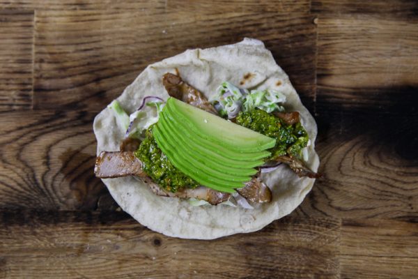 Grilled Pork Taco with Yogurt Coleslaw, Chimichurri and Avocado