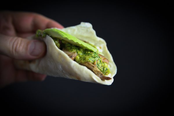 Grilled Pork Taco with Yogurt Coleslaw, Chimichurri and Avocado