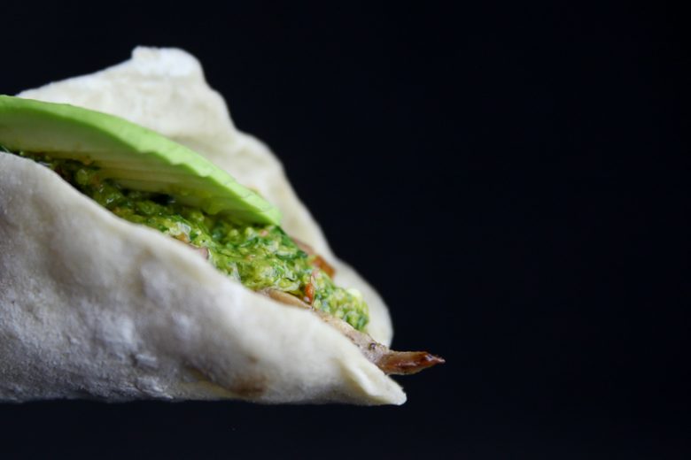 Grilled Pork Taco with Yogurt Coleslaw, Chimichurri and Avocado