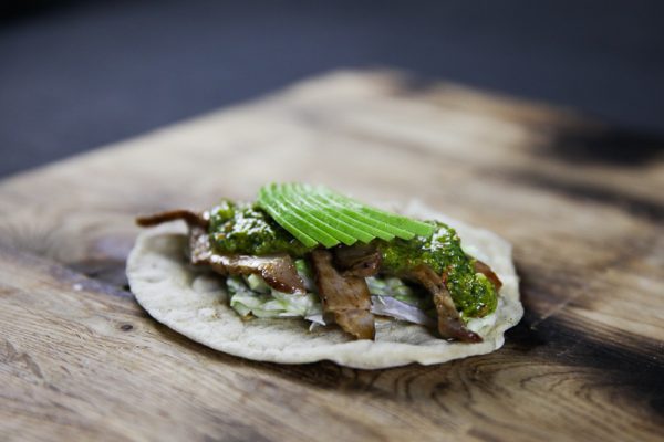 Grilled Pork Taco with Yogurt Coleslaw, Chimichurri and Avocado