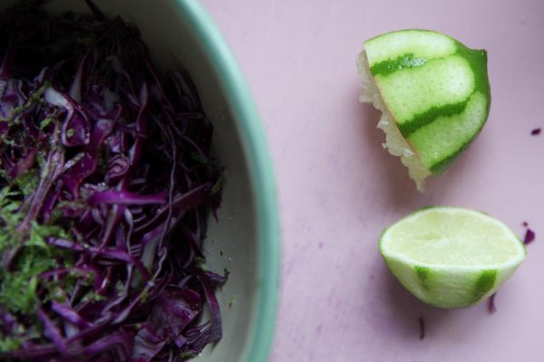 Chimichurri Taco with Beef, Red Cabbage Coleslaw and White BBQ Sauce