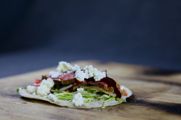 Taco with Beef, Grapefruit Scallion Salsa & Feta Cheese