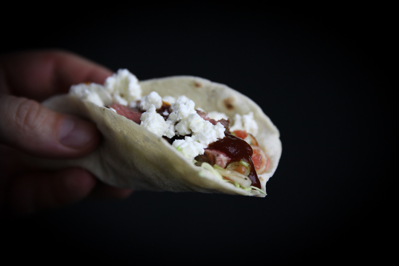 Taco with Beef, Grapefruit Scallion Salsa & Feta Cheese