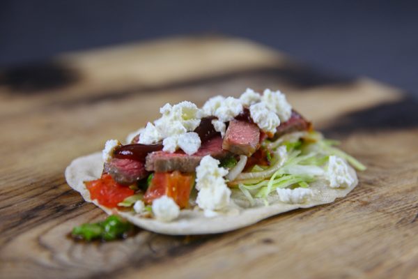 Taco with Beef, Grapefruit Scallion Salsa & Feta Cheese