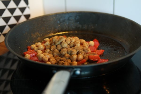 Warm Chickpea Red Pepper Side Salad with Yogurt and Kale