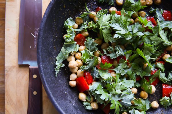 Warm Chickpea Red Pepper Side Salad with Yogurt and Kale